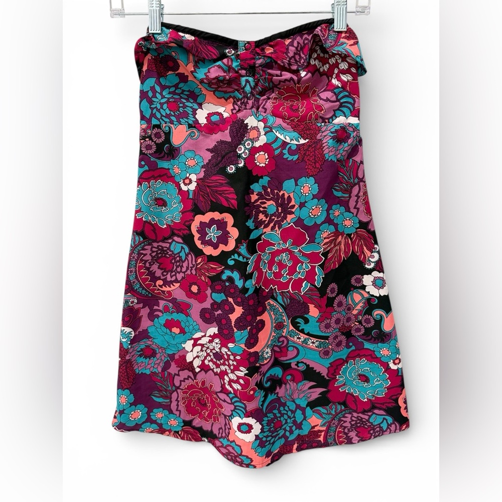 Roxy Strapless Floral Mini Dress | Boho Pink Teal Print | Size M
